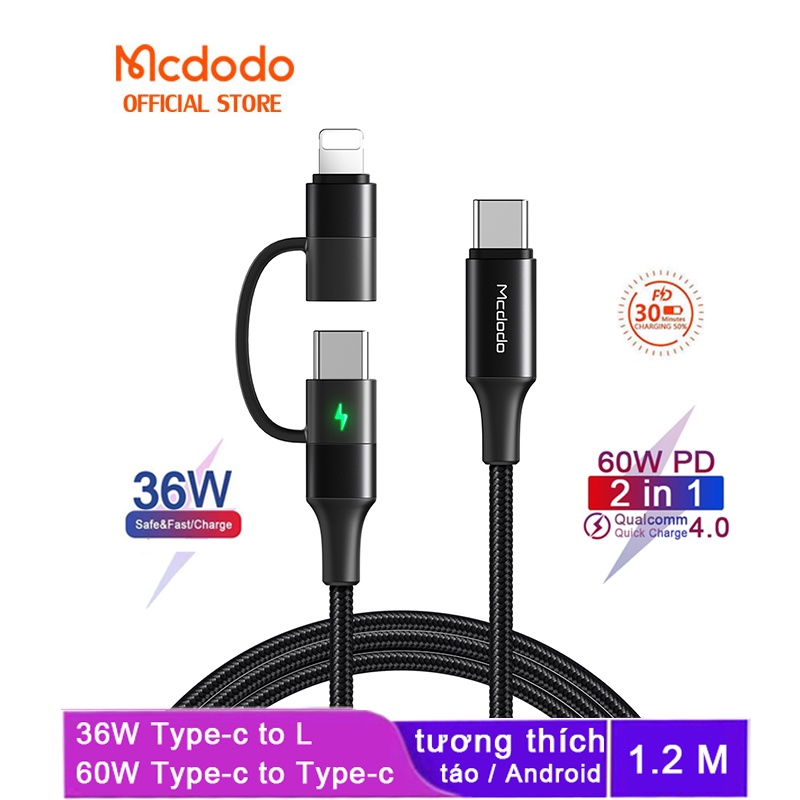 Cáp sạc 2 đầu Mcdodo PD 60W Type-C/iPhone thích hợp cho iPhone Huawei Samsung Xiaomi OPPO