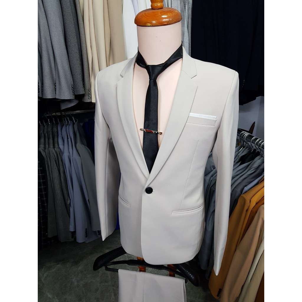 Bộ vest nam ôm body màu nude chất vải dày mịn co giãn tặng cà vạt kẹp