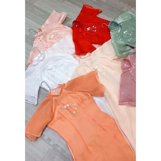 Áo Dài Cách Tân Mộc Miên thêu hoa nổi trên nền Lụa voon tơ 4 tà cao cấp phù hợp với đi ăn cưới, sự kiện, chụp ảnh ...