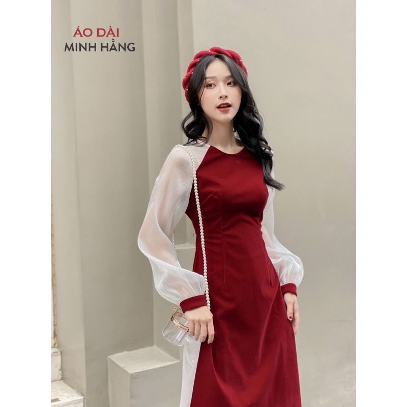 Áo Dài Cách Tân Vải Nhung Đỏ Phối Tay Voan Trắng Cách Điệu_Áo Dài Minh Hằng