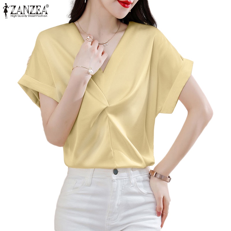 ZANZEA Áo Sơ Mi Vải Satin Tay Ngắn Cổ Chữ V Thời Trang Cho Nữ