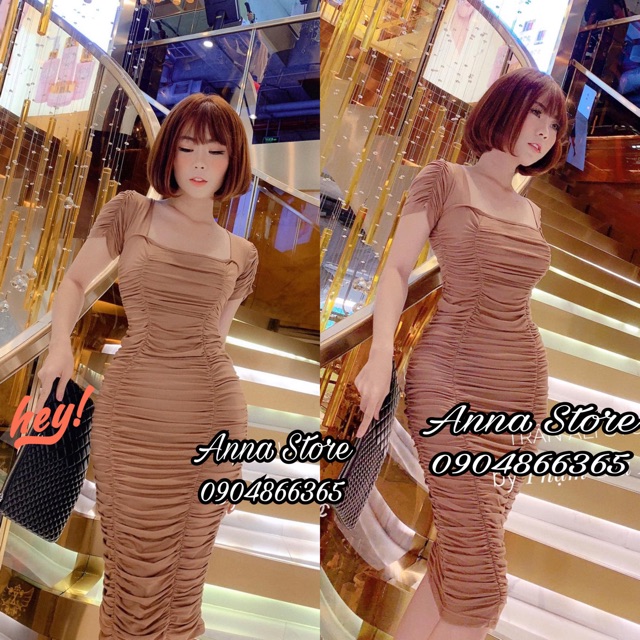 Váy nữ đầm body cổ U 6 chun rúm cộc tay (đen, be) váy body đầm nữ sang chảnh Annastore