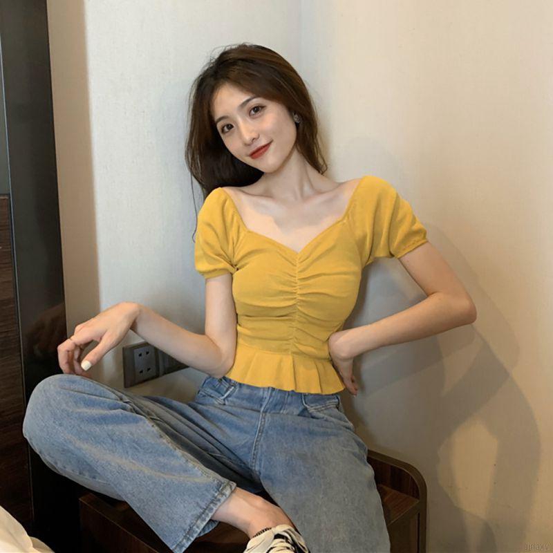 [Mã FAMAYWA giảm 10K đơn 50K] Áo Thun Nữ Tay Ngắn Cổ Vuông Xếp Ly Phong Cách Hàn Quốc | BigBuy360 - bigbuy360.vn