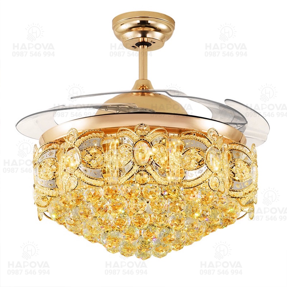 Quạt có đèn, quạt trần đèn dấu cánh pha lê HAPOVA SISOR 8048 Động cơ 6 số + Tặng kèm điều khiển từ xa