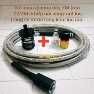 Combo dây rửa xe cao áp 7M và 15M (ren 22MM) cút lọc trắng và khớp nối vàng tặng kèm lọc rác