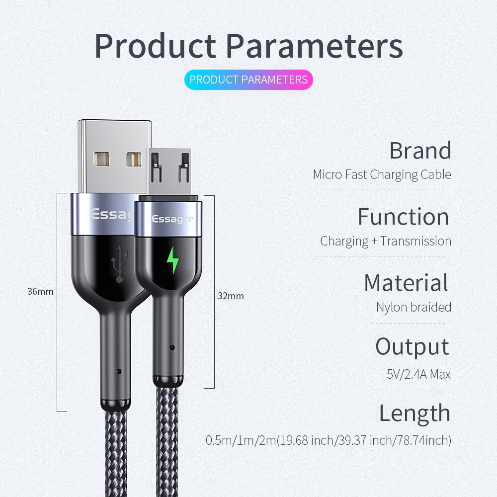 Cáp ESSAGER sạc nhanh / truyền dữ liệu kết nối cổng micro USB tích hợp đèn LED cho điện thoại android