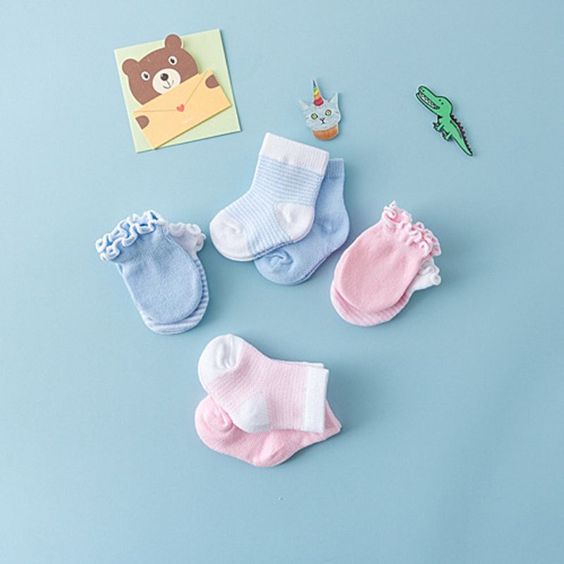 Set 4 Đôi Vớ Găng Tay Màu Xanh Dương Cho Bé Sơ Sinh 0-6 Tháng Tuổi
