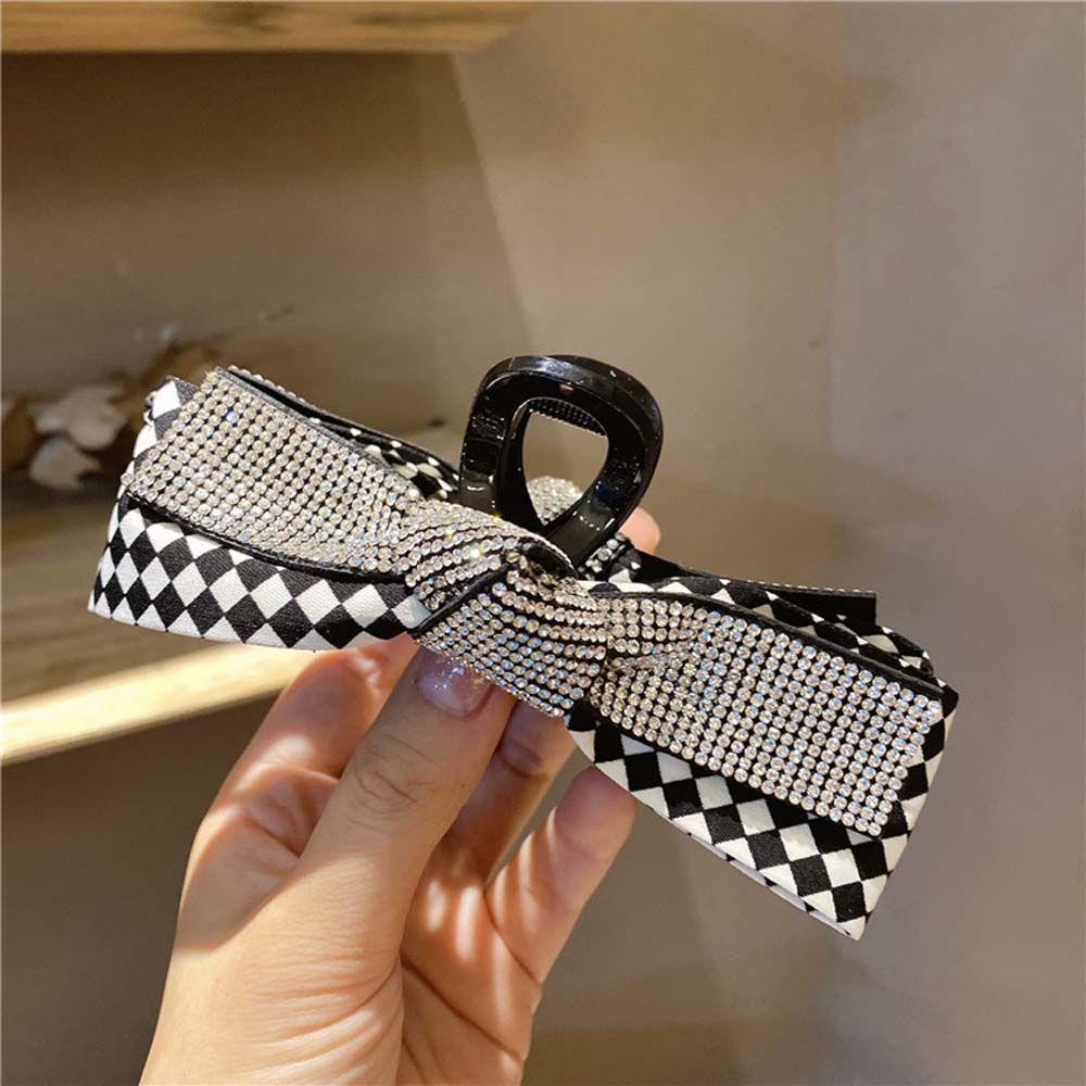 JARRED Kẹp Tóc Nơ Họa Tiết Kẻ Ô Đính Đá Màu Trắng Đen Thời Trang Cho Nữ