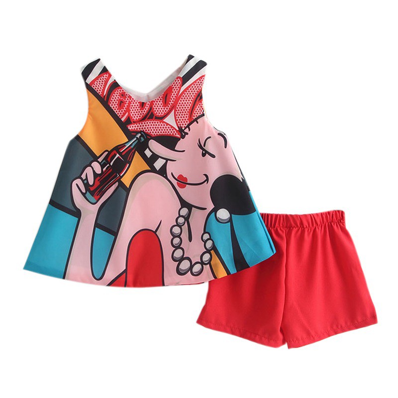 Bộ áo chiffon cộc tay cổ tròn in họa tiết kèm quần ngắn cho bé gái