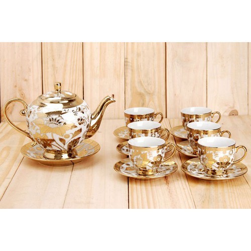 Bộ Tách Trà 💝Freeship💝 ấm trà có Hoa Văn Nhũ Vàng, Bình Trà Hoàng Gia Cao Cấp - BỘ 6 LY và Hộp Đựng