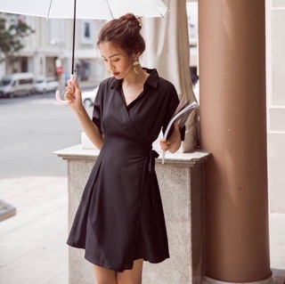 Đầm váy sơ mi đen đắp tà (kèm hình thật)