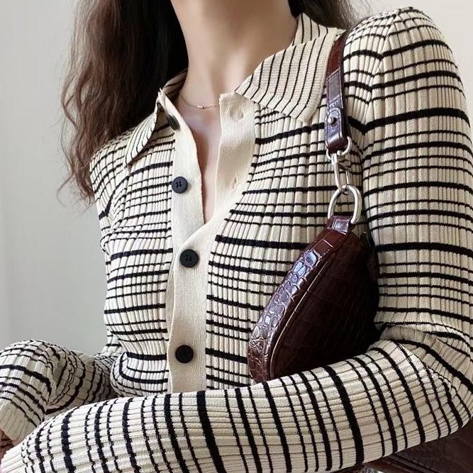 Áo kiểu SUXI dệt kim cổ polo dáng ôm màu tương phản phong cách cổ điển thời trang