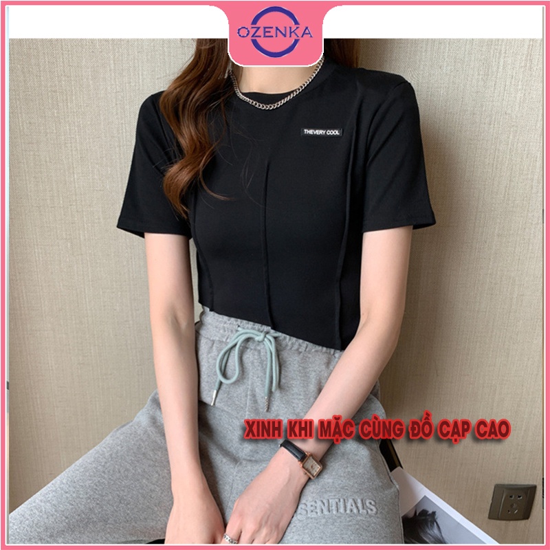 Áo croptop ngắn tay cổ tròn vạt lệch ozenka , áo crt nữ ôm body rẻ đẹp thun gân 100% cotton màu đen trắng dưới 55 cân