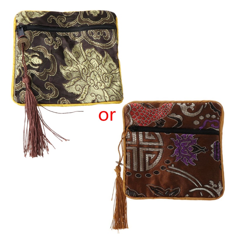 Túi Đựng Trang Sức Bằng Lụa Thêu Họa Tiết Phối Tua Rua Truyền Thống