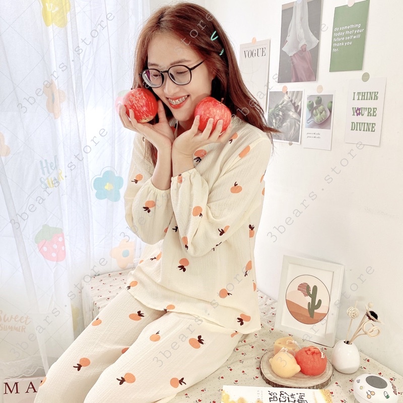 (Ảnh thật - 3bears.store tự chụp) Đồ bộ ngủ nữ dài chất đũi xốp phong cách Hàn Quốc (tay dài, cổ tròn, quần dài) | BigBuy360 - bigbuy360.vn