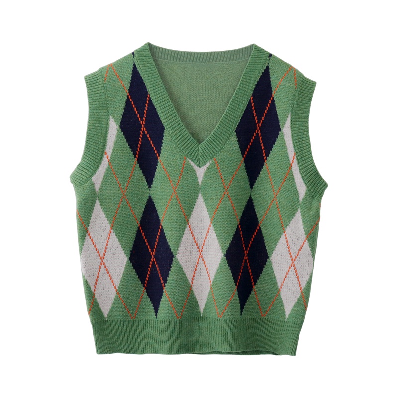 Áo gile len cổ V kẻ ô quả trám ulzzang phong cách Hàn Quốc vintage