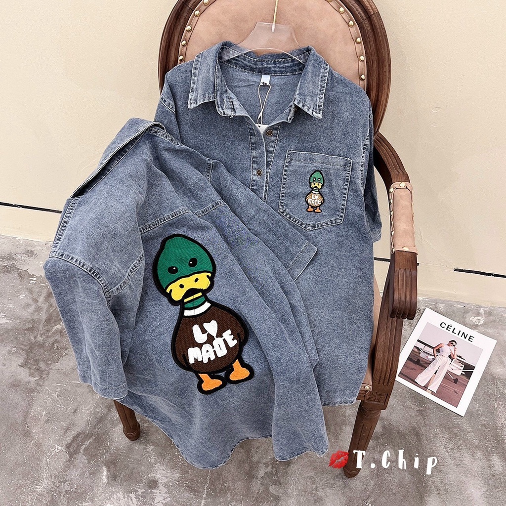 Áo sơ mi jean bò hình vịt áo bò ngắn tay dáng rộng -Minxy shop | BigBuy360 - bigbuy360.vn