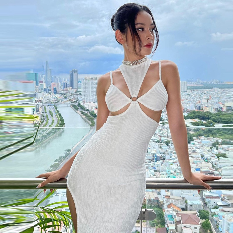 DUNEA Đầm dệt kim không tay màu đơn giản quyến rũ cho nữ