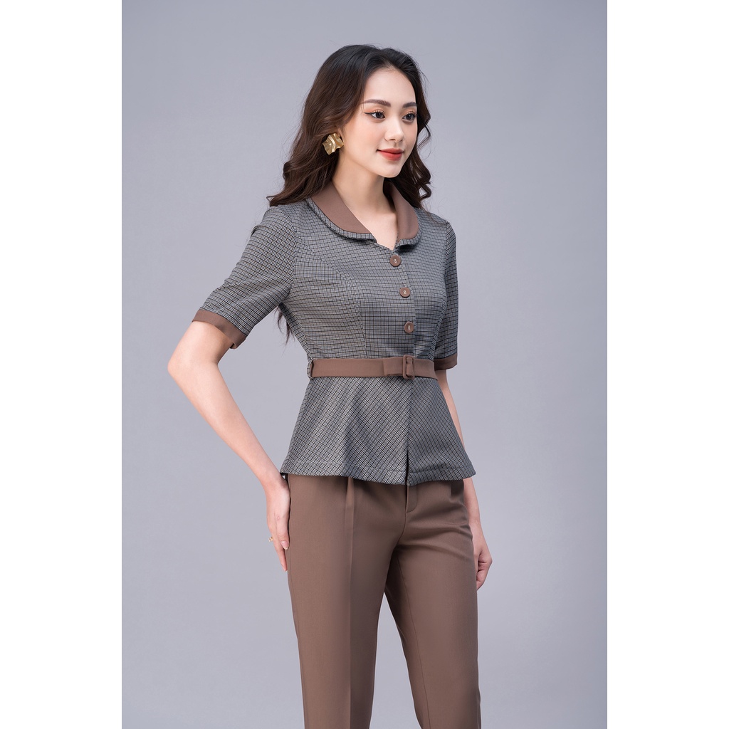Sét Bộ Nữ Công Sở Cao Cấp LUPERI LFSB499 Áo Cộc Tay Phối Đai Kết Hợp Quần Dài