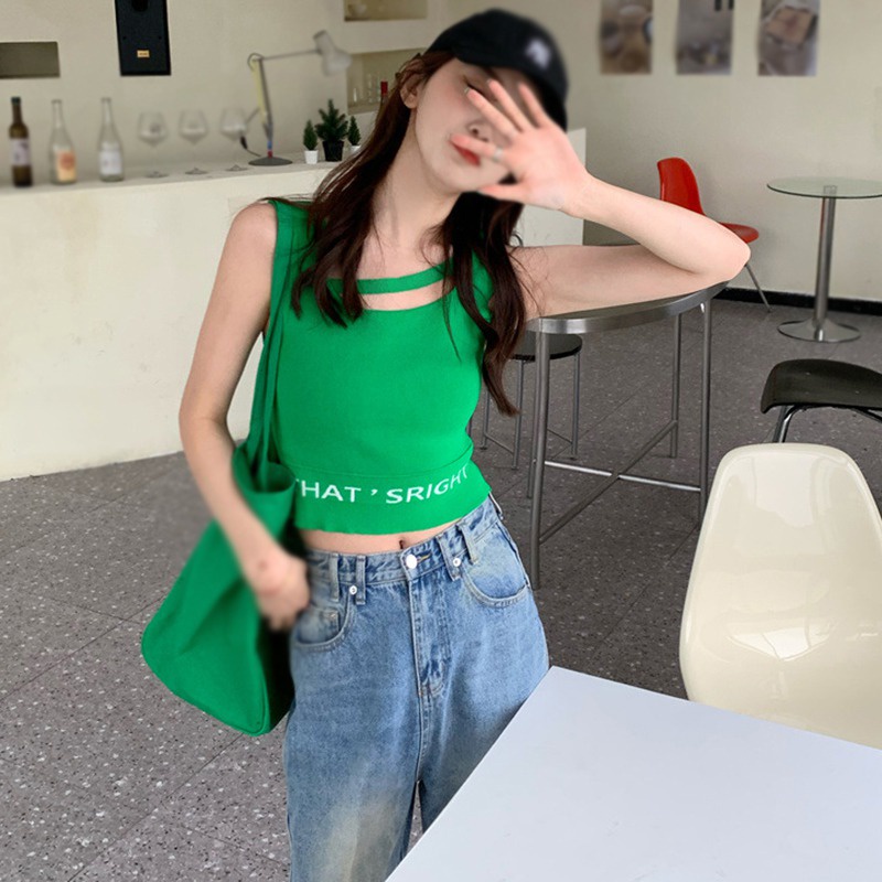 Áo Croptop Dệt Kim Hai Dây In Chữ Phong Cách Hàn Quốc Thời Trang Mùa Hè Cho Nữ
