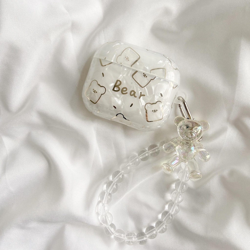 Vỏ Bảo Vệ Hộp Sạc Tai Nghe AirPods 1 2 pro 3 2021 gen3 Họa Tiết Gấu Màu Trong Suốt Gắn Dây Ngọc Trai