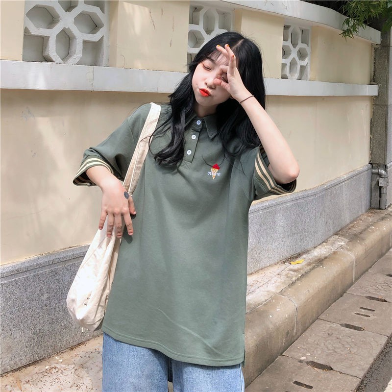 áo polo Tay Ngắn Phong Cách Hàn Quốc Cho Nữ Size Lớn 90kg NoBrandYesSynthetic