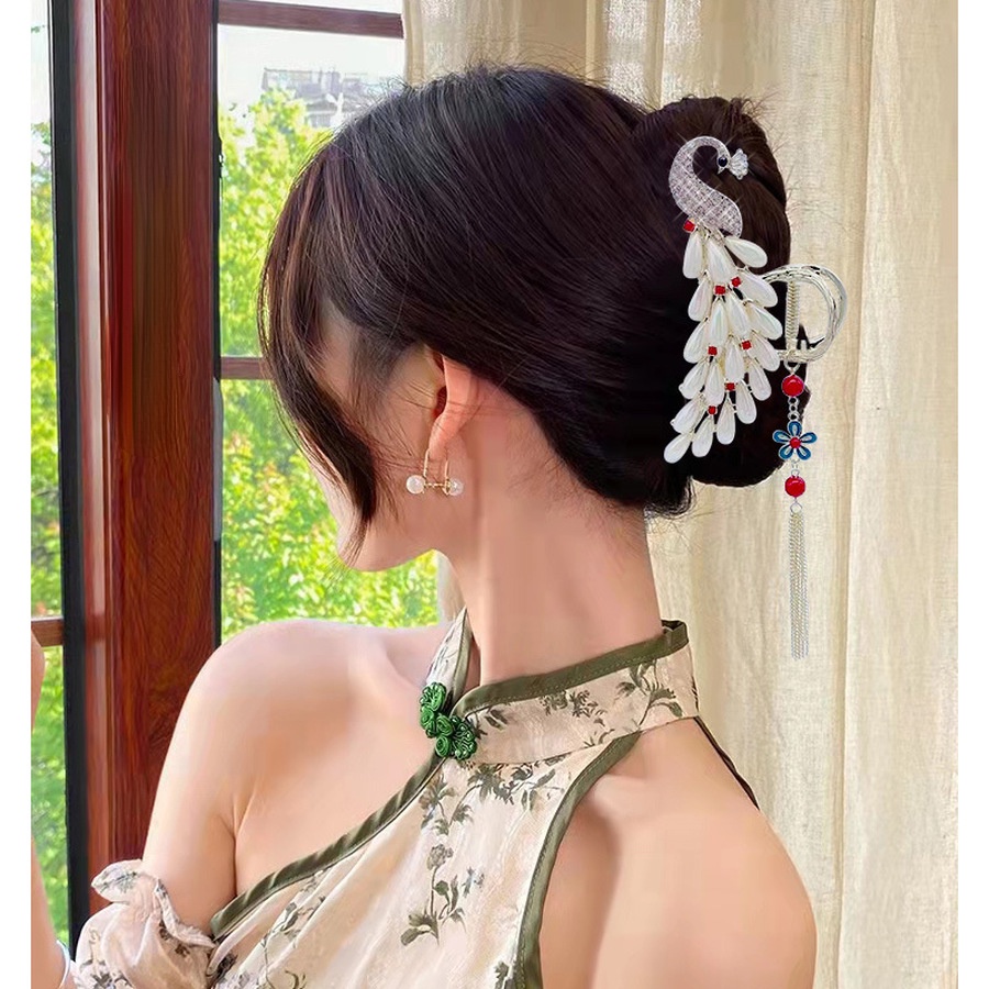 Giá Đỡ Kẹp Tóc Đuôi Ngựa Loại Lớn Đính Đá Pha Lê Tua Rua Cổ Điển Cho Nữ