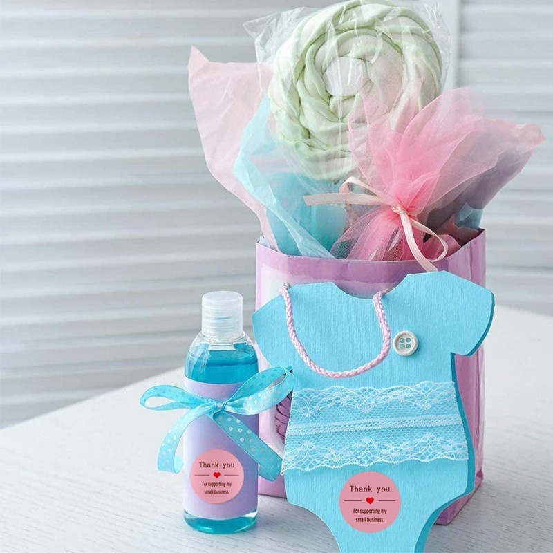 Cuộn 500 Miếng Dán Trang Trí Sổ Tay Hình Tròn / Trái Tim Màu Hồng In Chữ Thank You Dễ Thương