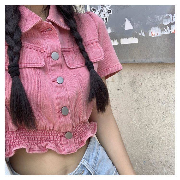 Pink Denim Short-sleeved Shirt Summer INS New Korean Version of the Slim Wild Slim Short Tops