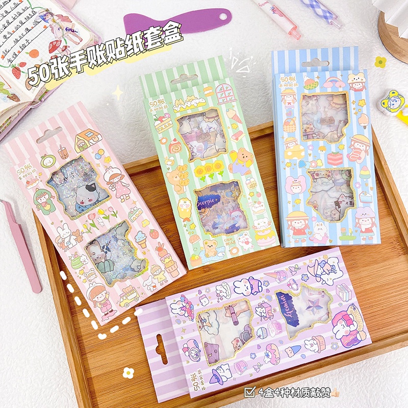 Set 50 Miếng Dán Trong Suốt Họa Tiết Hoạt Hình Sáng Tạo Trang Trí Hộp Quà