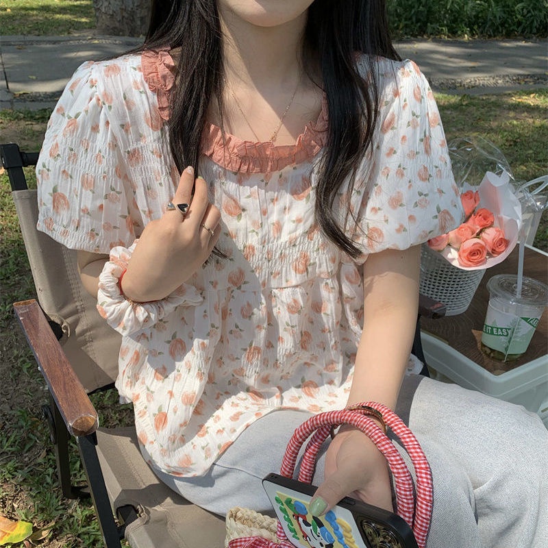 Áo Sơ Mi babydoll Tay Ngắn In Hoa Kiểu Hàn Quốc