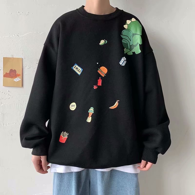Áo sweatshirt mặc chui đầu dáng rộng size lớn M-5XL họa tiết khủng long hoạt hình phong cách Nhật Bản đi học thời trang