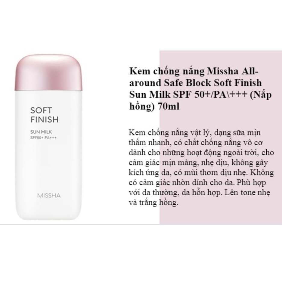  Kem chống nắng dạng sữa Missha All Around Safe Block Sun Milk SPF50+/PA+++ 70ml - Soft Finish | BigBuy360 - bigbuy360.vn