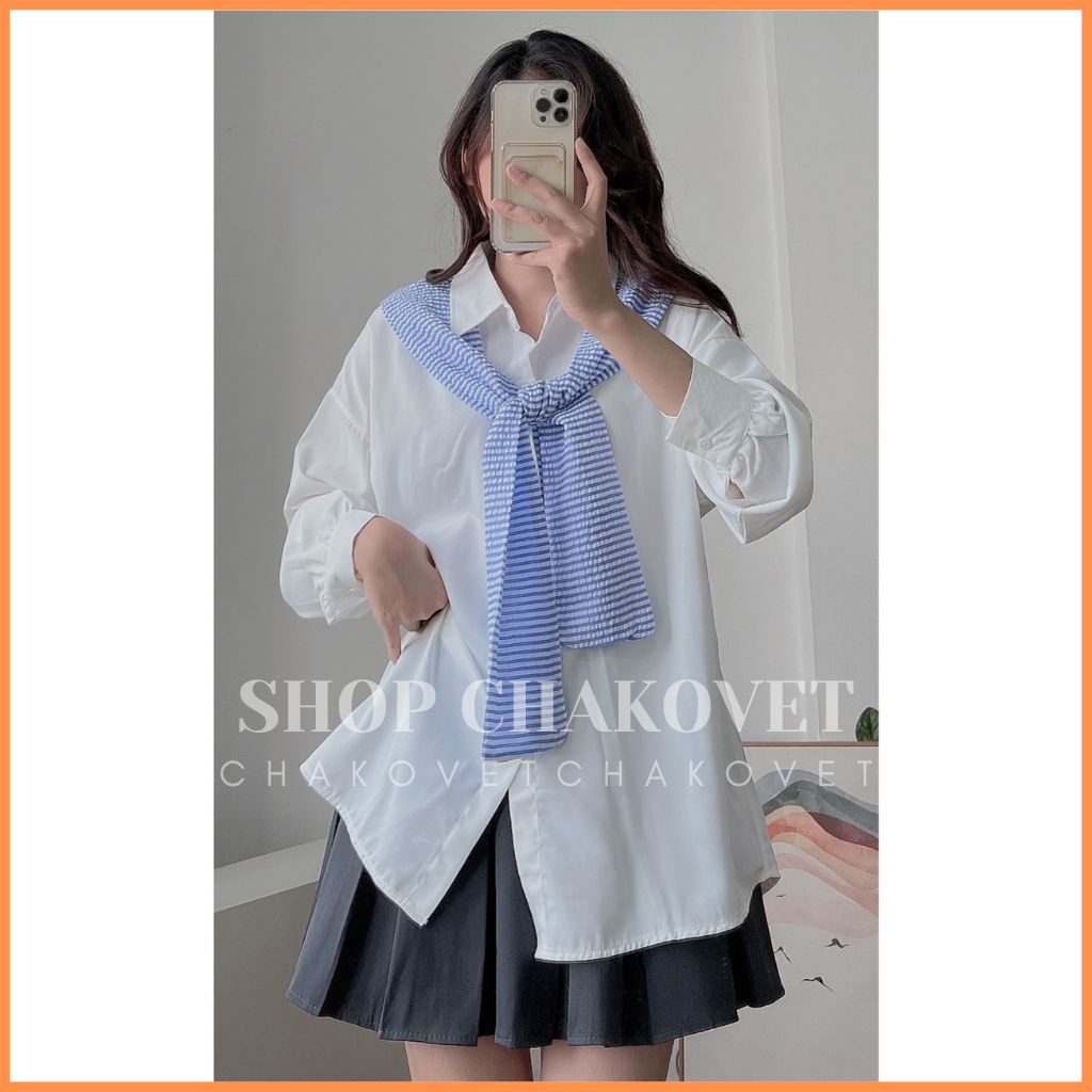Áo sơ mi nữ dài tay kèm khăn A8422 Áo sơ mi trơn Style Hàn Quốc kèm khăn kẻ sọc Vintage cực sang chảnh - CHAKOVET
