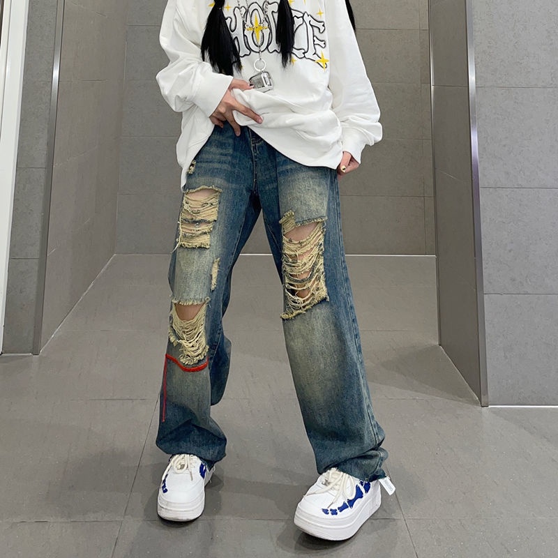 Quần jean dài phối rách phong cách hip hop đường phố thời trang retro cho nữ