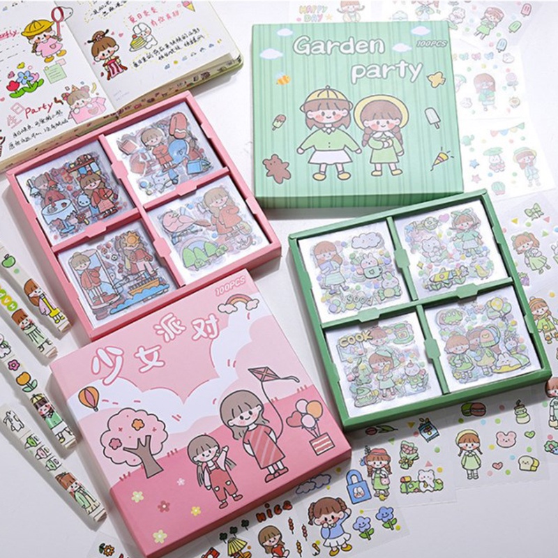 Set 20 / 100 Tấm Sticker Dán Trang Trí Điện Thoại / Nhật Ký Hình Cô Gái Dễ Thương