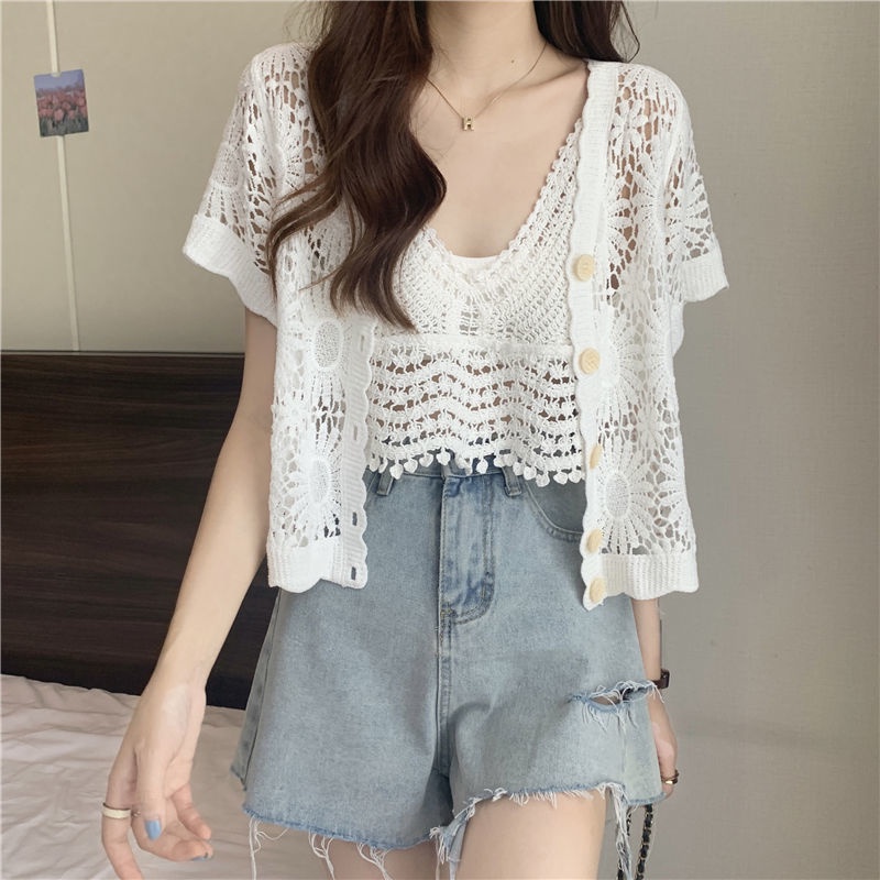 Áo Cardigan Ngắn Tay Phong Cách Phương Tây Mới + Áo Hai Dây Đan Móc