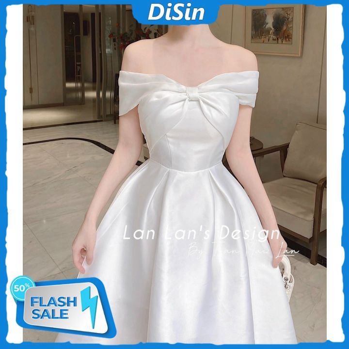 Đầm Tapta Nơ Kiểu Trễ Vai Dáng Xòe Mẫu Trơn Thích Hợp Dự Tiệc Đi Chơi