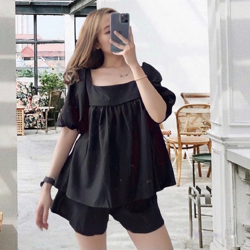 Set Áo Babydoll kèm Quần Short Dây Buộc Sau Trắng Đen Nữ