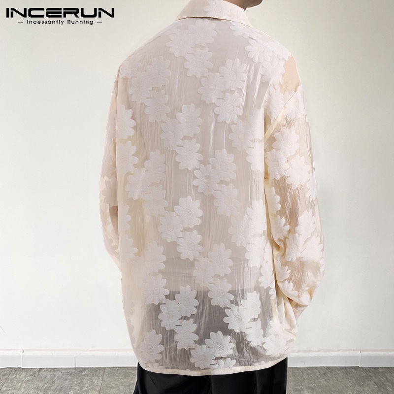 Áo sơ mi INCERUN tay dài thoáng khí thêu hoa nhìn thấu thời trang cho nam