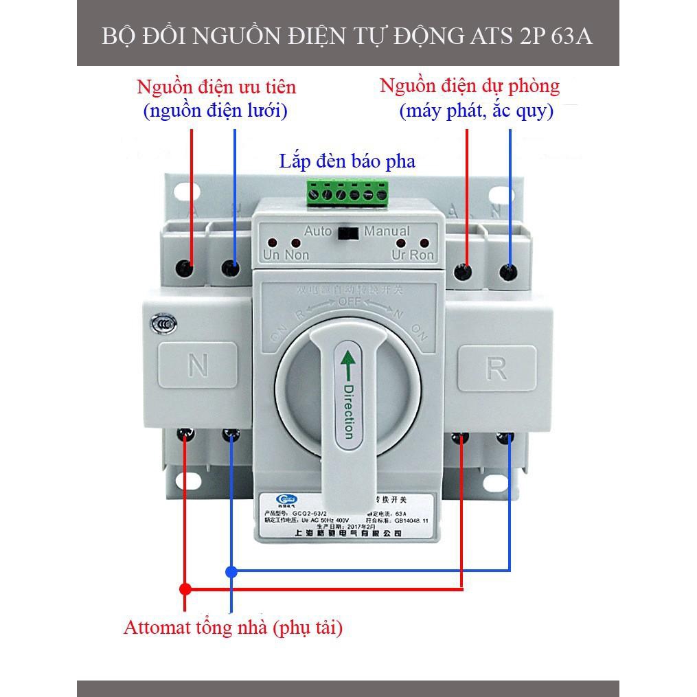 ATS Thiết bị chuyển mạch tự động 1 pha 63A/220V,Bộ chuyển đổi nguồn điện tự động ATS, cầ