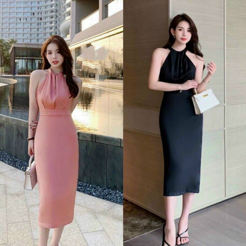 Đầm midi cổ yếm dáng ôm xếp ly ngực eo điệu xẻ tà sau lụa ý thời trang BEBEDOLL