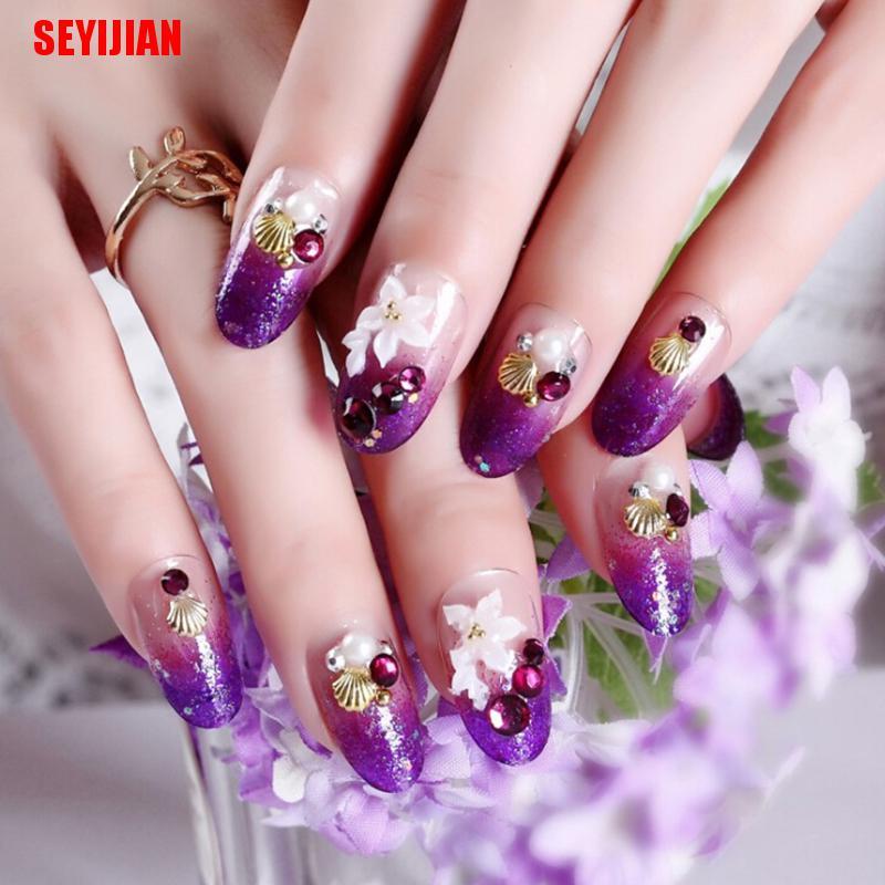 Bộ 24 Móng Tay Giả Màu Tím Điêu Khắc Hoạ Tiết Đẹp Mắt