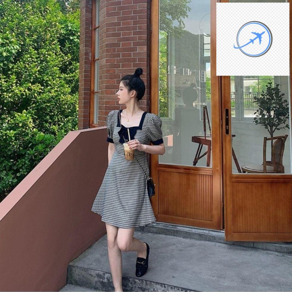 Váy Nữ Ngắn , Đầm Dáng Xòe Kẻ Caro , Cổ Vuông Đính Nơ ,Tay Bồng Thời Trang Công Sở Quảng Châu Cao Cấp