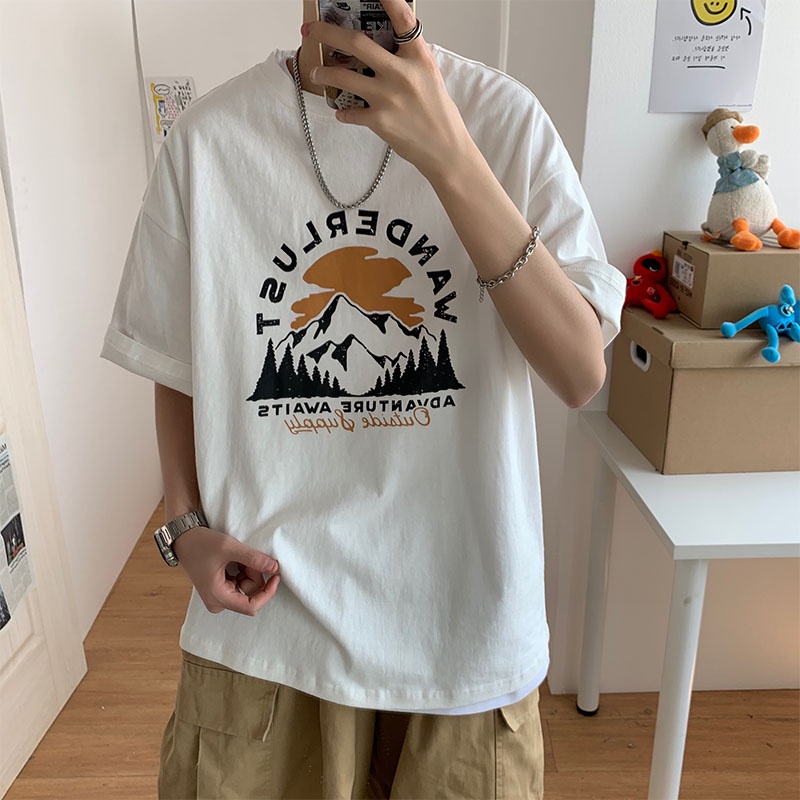 Áo thun tay ngắn cổ tròn dáng rộng in họa tiết graffiti phong cách Hàn Quốc thời trang cho nam size lớn S-8XL