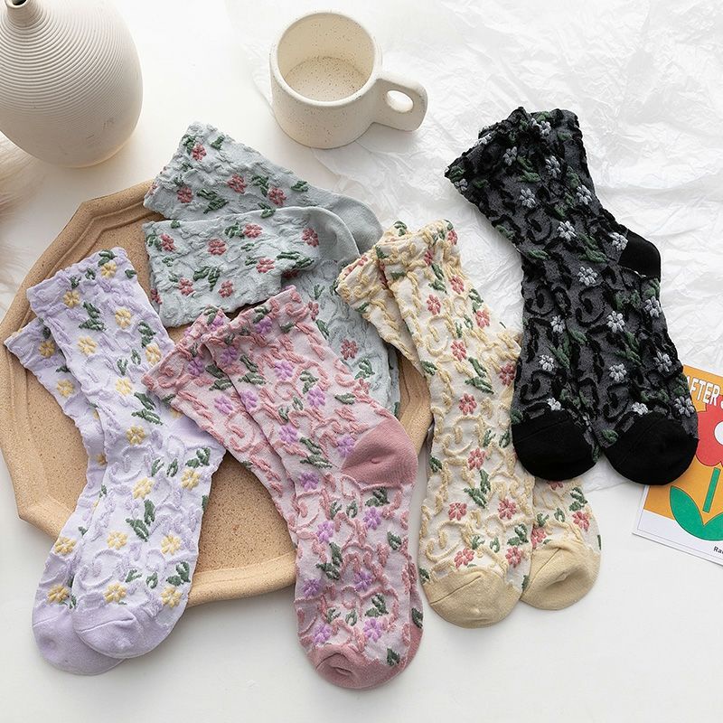 Vớ Cotton ống vừa họa tiết hoa thiết kế mới thời trang theo phong cách nhật hàn cho nữ