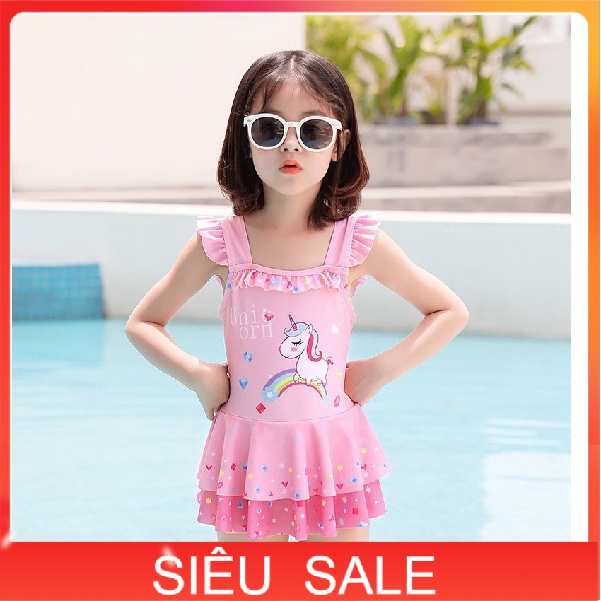 Đồ tắm biển bé gái 4-12 tuổi kiểu chân váy hình pony, Bộ bơi cho bé cao cấp vải co giãn cực tốt