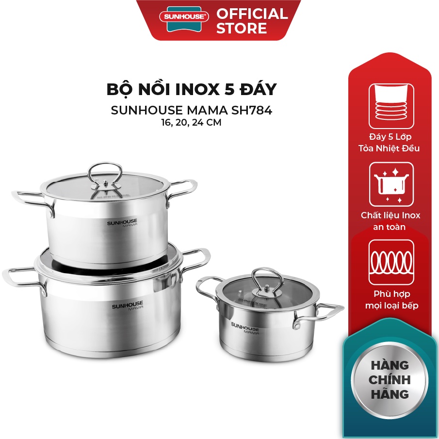 [LIFEMCMBP4 -12% đơn 250K] Bộ Nồi Inox 5 Đáy SUNHOUSE MAMA Đáy Từ SH784