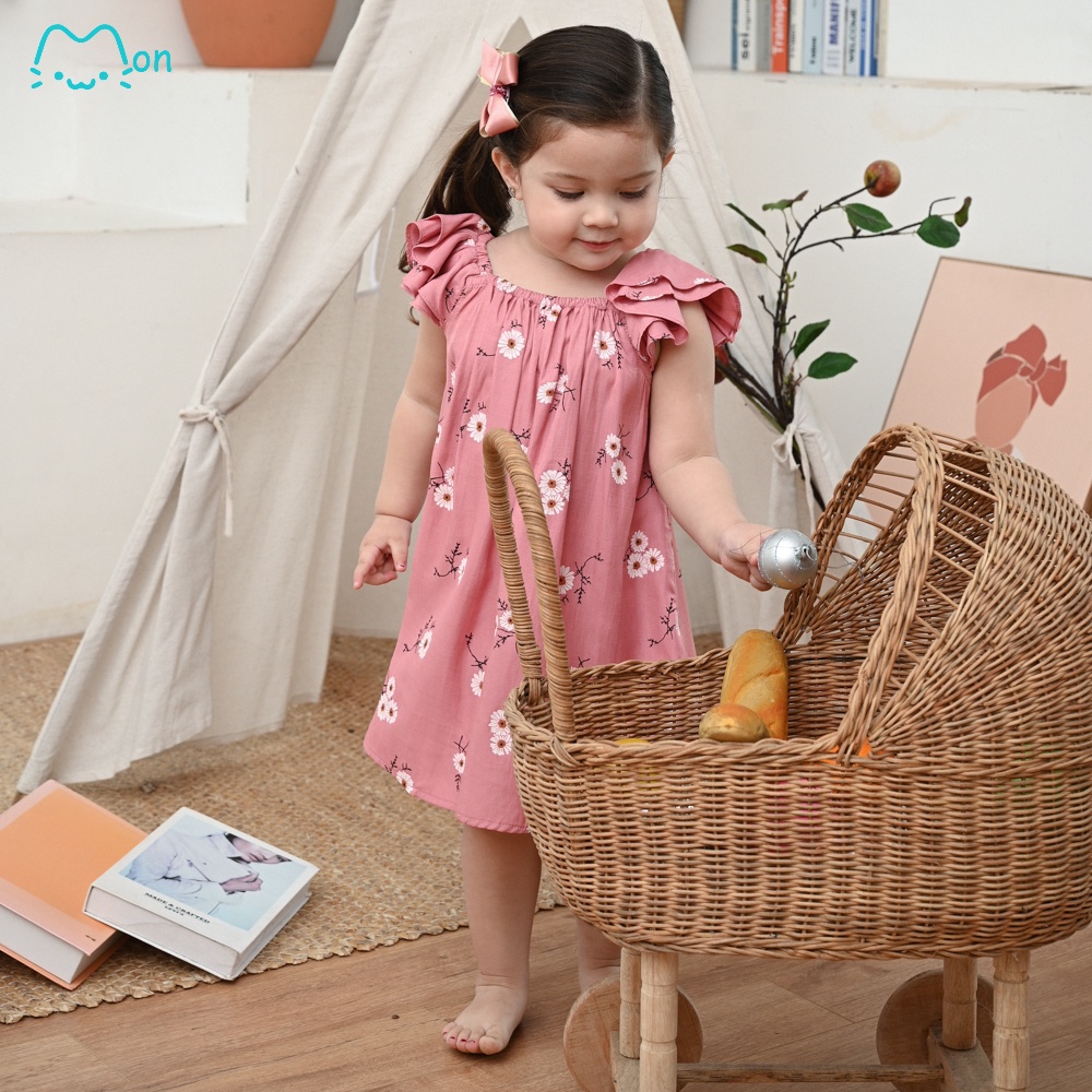 Đầm cho bé gái cánh tiên đũi tằm 1-6 tuổi  MonBabies VL24 họa tiết hoa cúc màu hồng dáng xuông