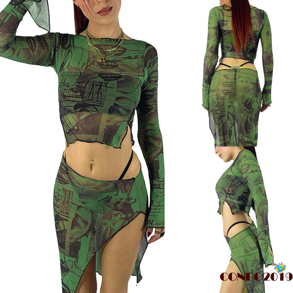 Áo Thun Tay Dài Hở Rốn Phối Lưới In Họa Tiết Thời Trang Cho Nữ